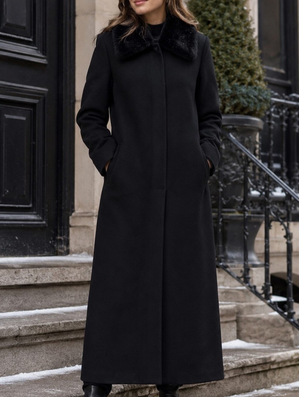 Chine Black Wool Maxi Coat | US 2
